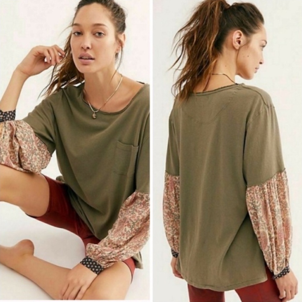 NOT FOR SALE Free People Jade Top MEDIUM Army Sage Balloon Sleeve Oversized Boho